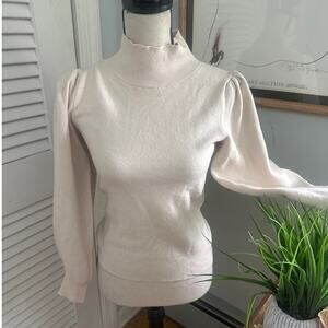 525 Womens Sweater Small Cream Mock Neck Puff Sleeve Preppy Feminine Neutral
